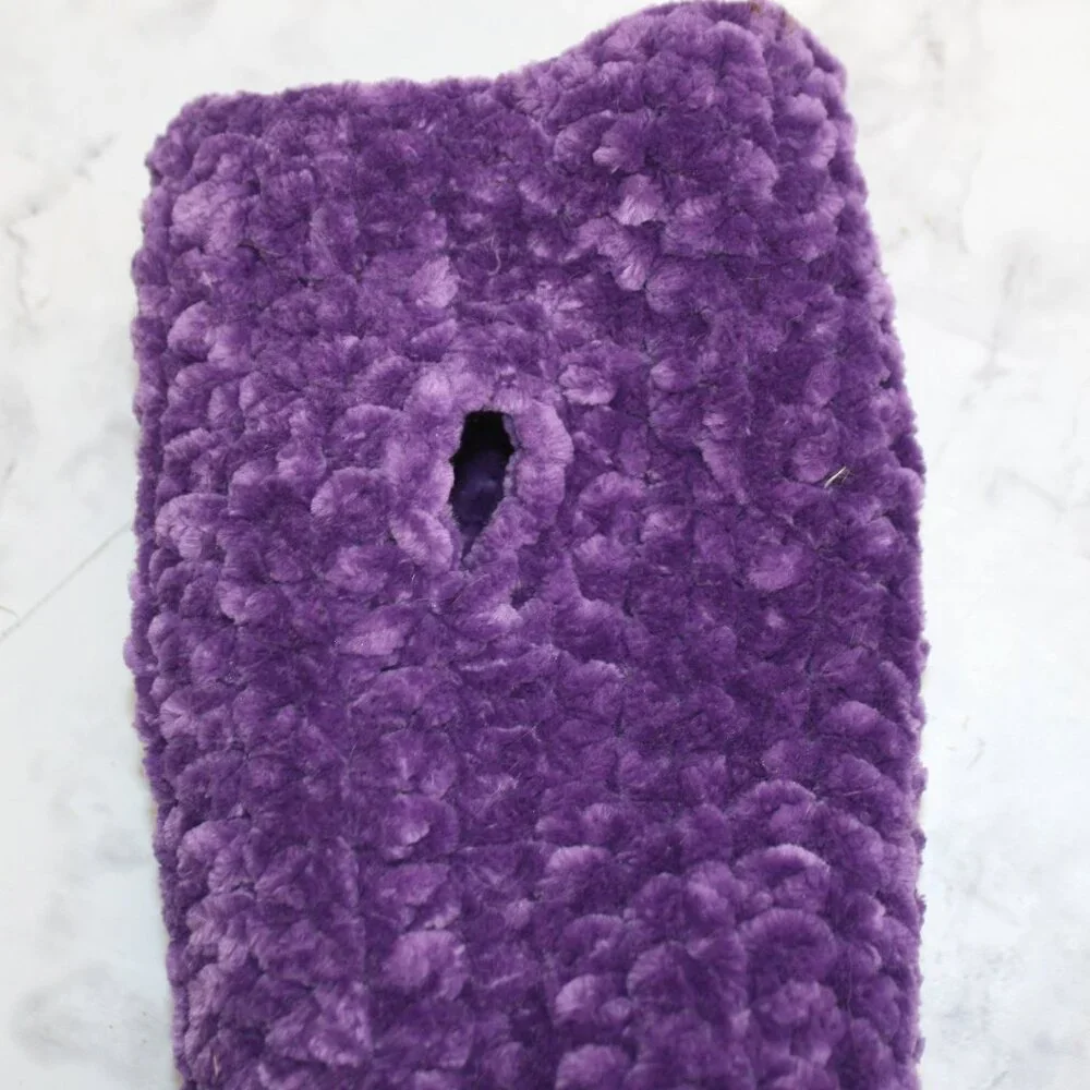 HAND CRAFTED Gloves Fingerless Crochet Chenille Winter Cozy Velvet Fringe Purple